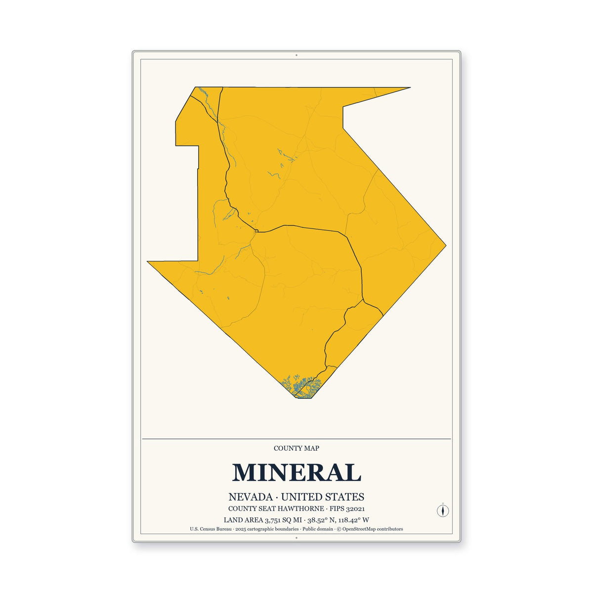 Mineral County, Nevada Map Aluminum Sign in Citrine Modern style