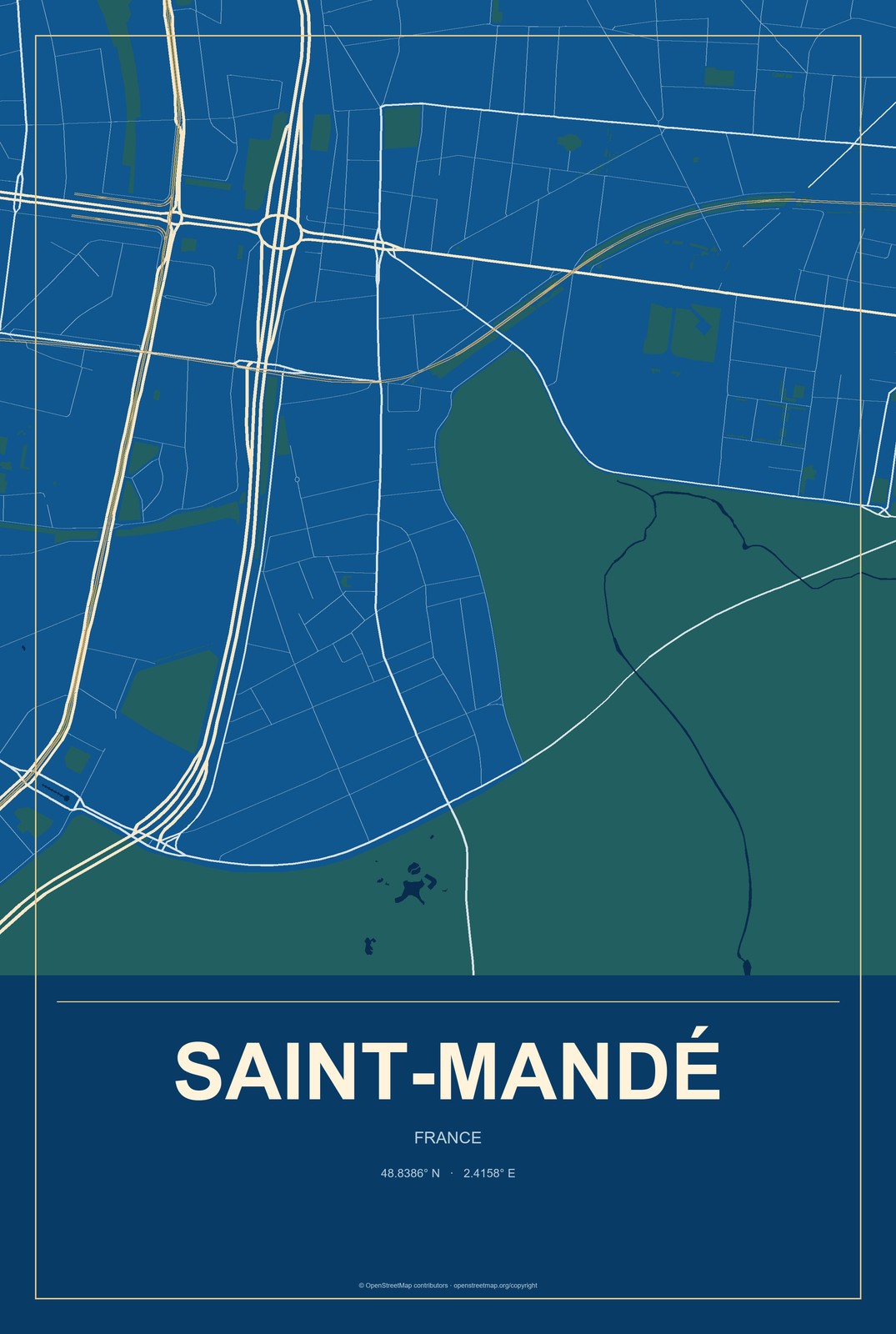 Saint-Mandé, France City Map Aluminum Sign in Harbor Cobalt style