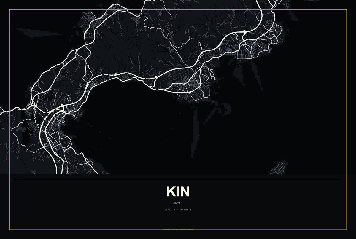 Kin, Japan City Map Aluminum Sign in Metropolitan Noir style