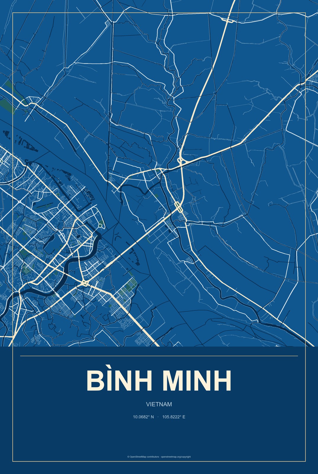 Bình Minh, Vietnam City Map Aluminum Sign in Harbor Cobalt style