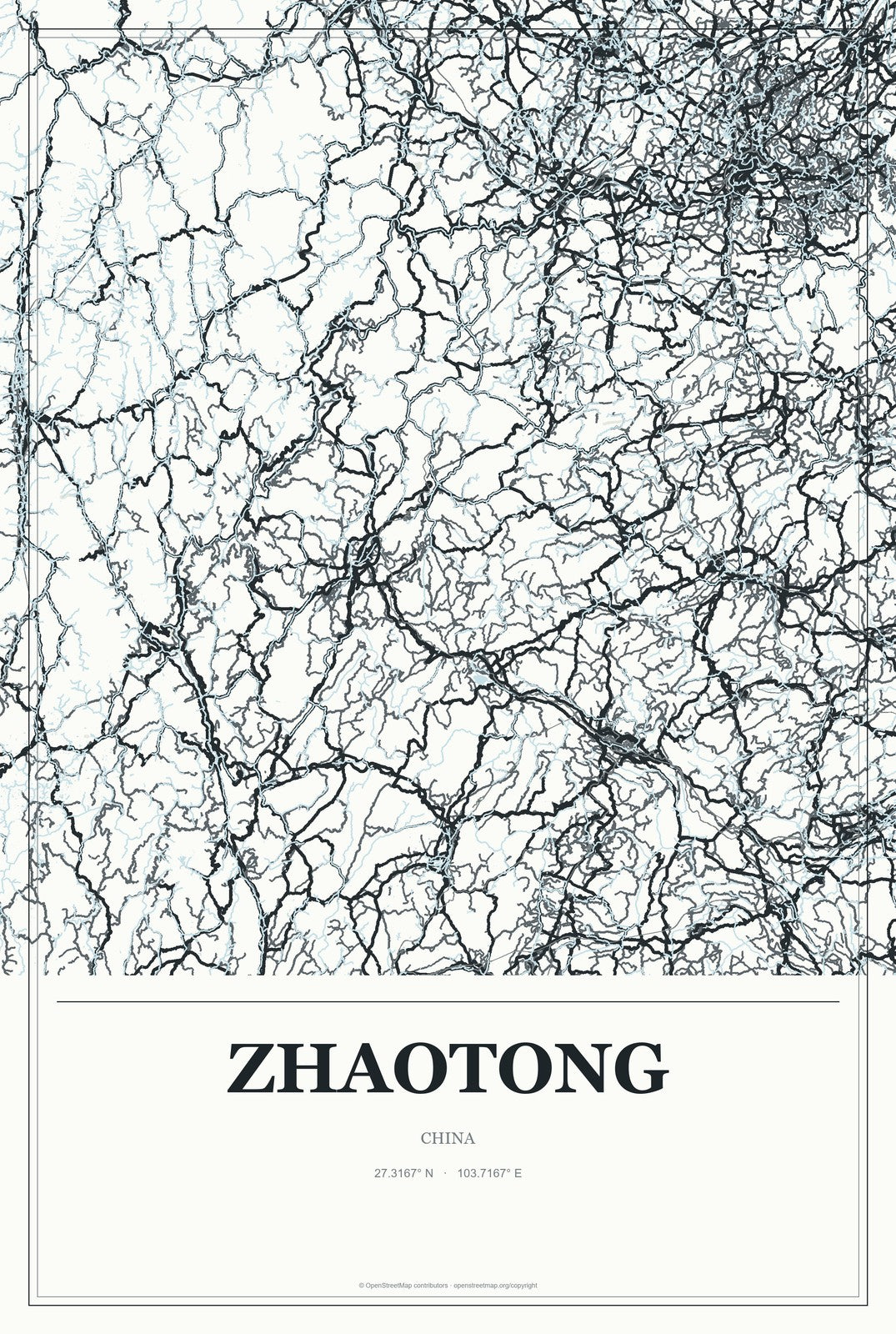 Zhaotong, China City Map Aluminum Sign in Gallery Air style