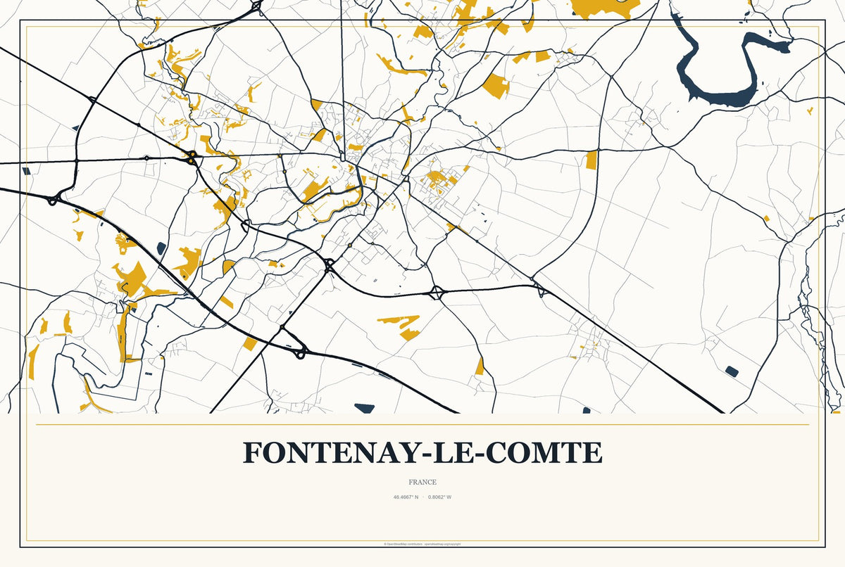 Fontenay-le-Comte, France City Map Aluminum Sign in Citrine Modern style