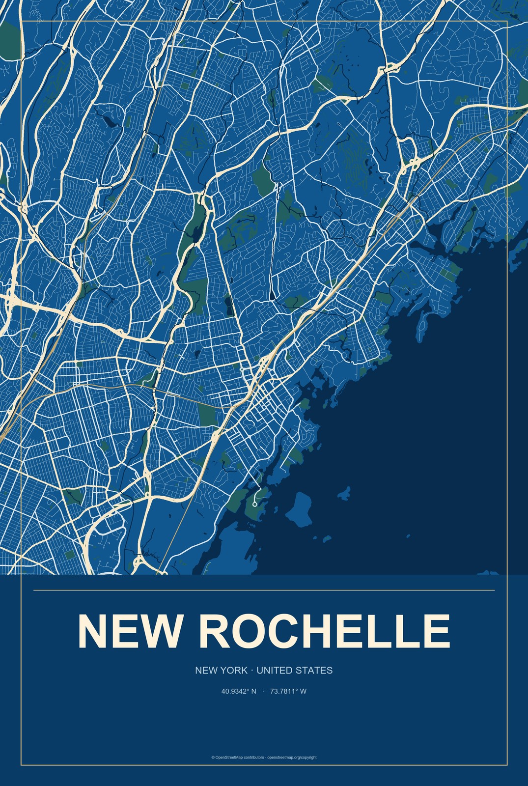 New Rochelle, New York City Map Aluminum Sign in Harbor Cobalt style