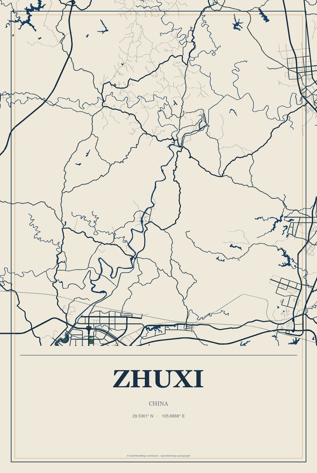 Zhuxi, China City Map Aluminum Sign in Coastal Cutout style