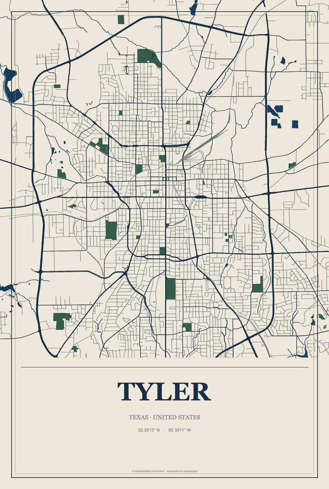 Tyler, Texas City Map Aluminum Sign in Coastal Cutout style