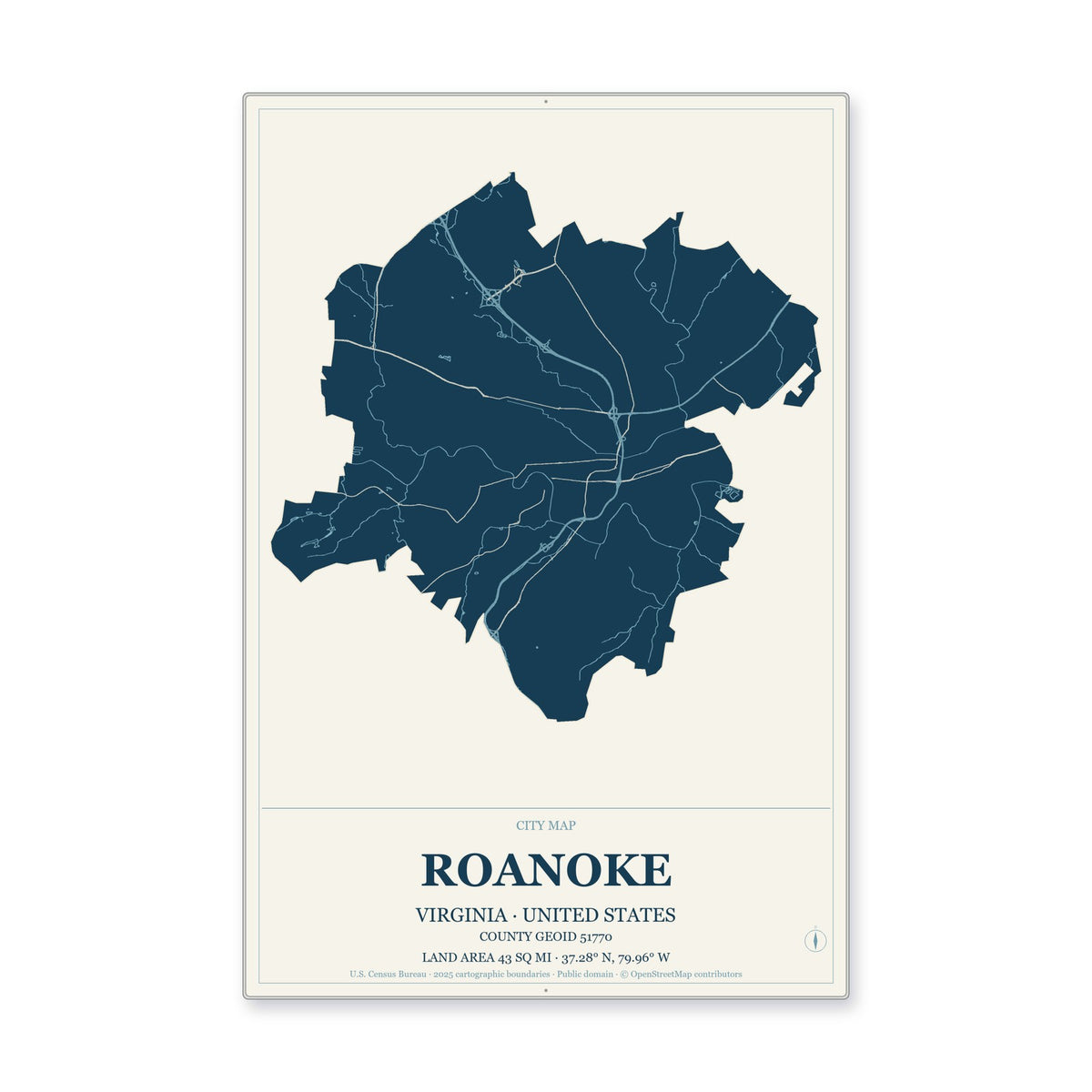 Roanoke city, Virginia Map Aluminum Sign in Coastal Cutout style