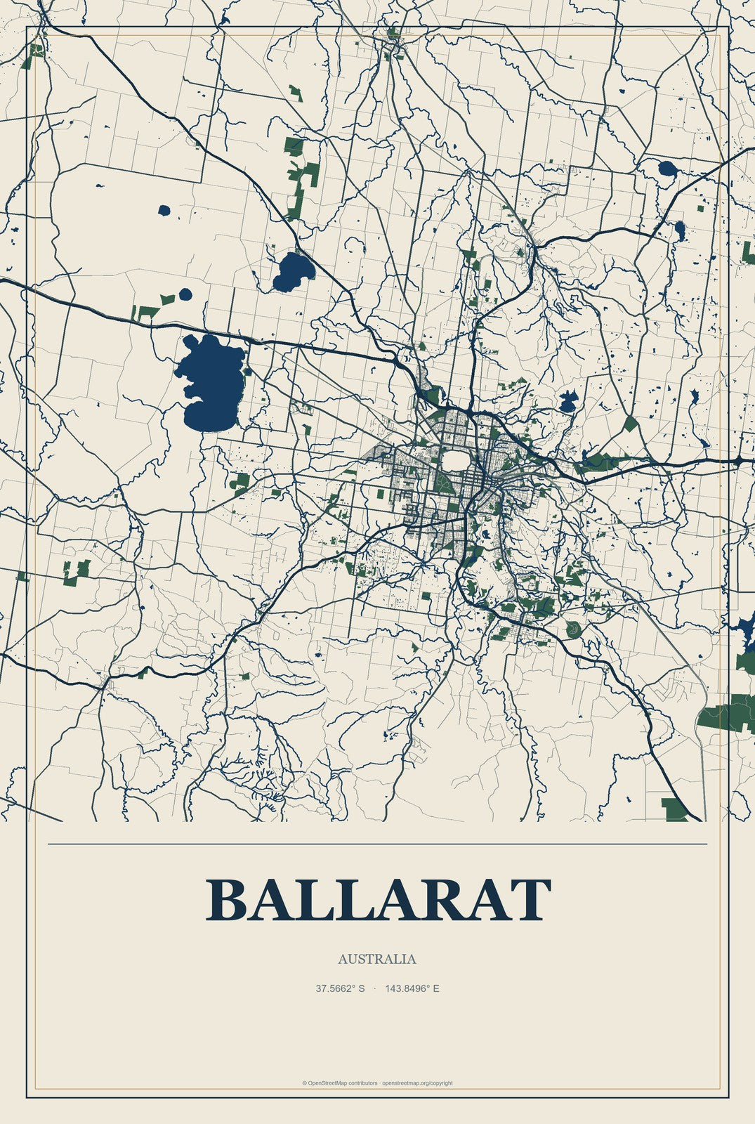 Ballarat, Australia City Map Aluminum Sign in Coastal Cutout style