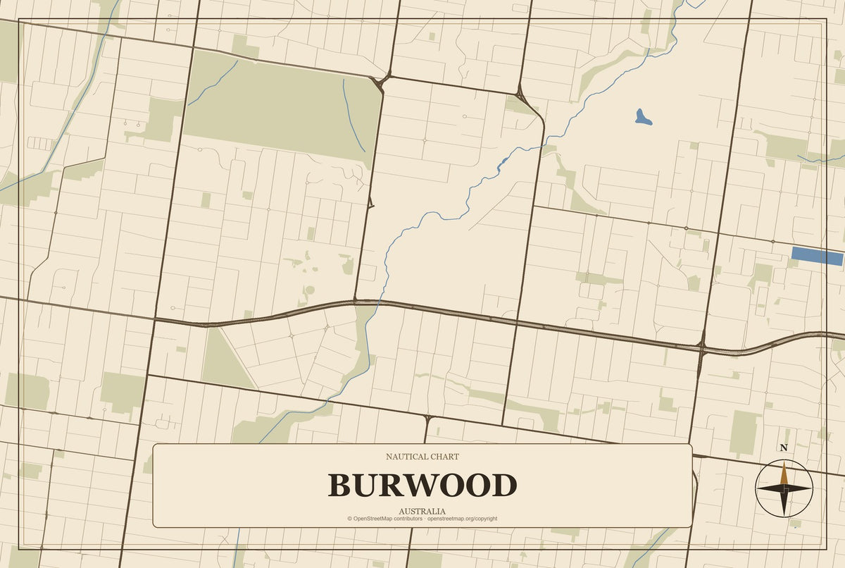 Burwood, Australia City Map Aluminum Sign in Heritage Nautical style