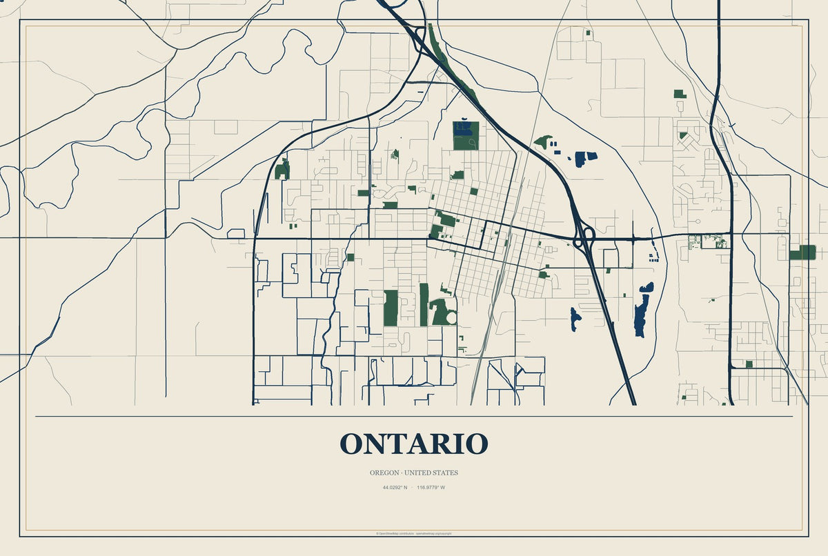 Ontario, Oregon City Map Aluminum Sign in Coastal Cutout style
