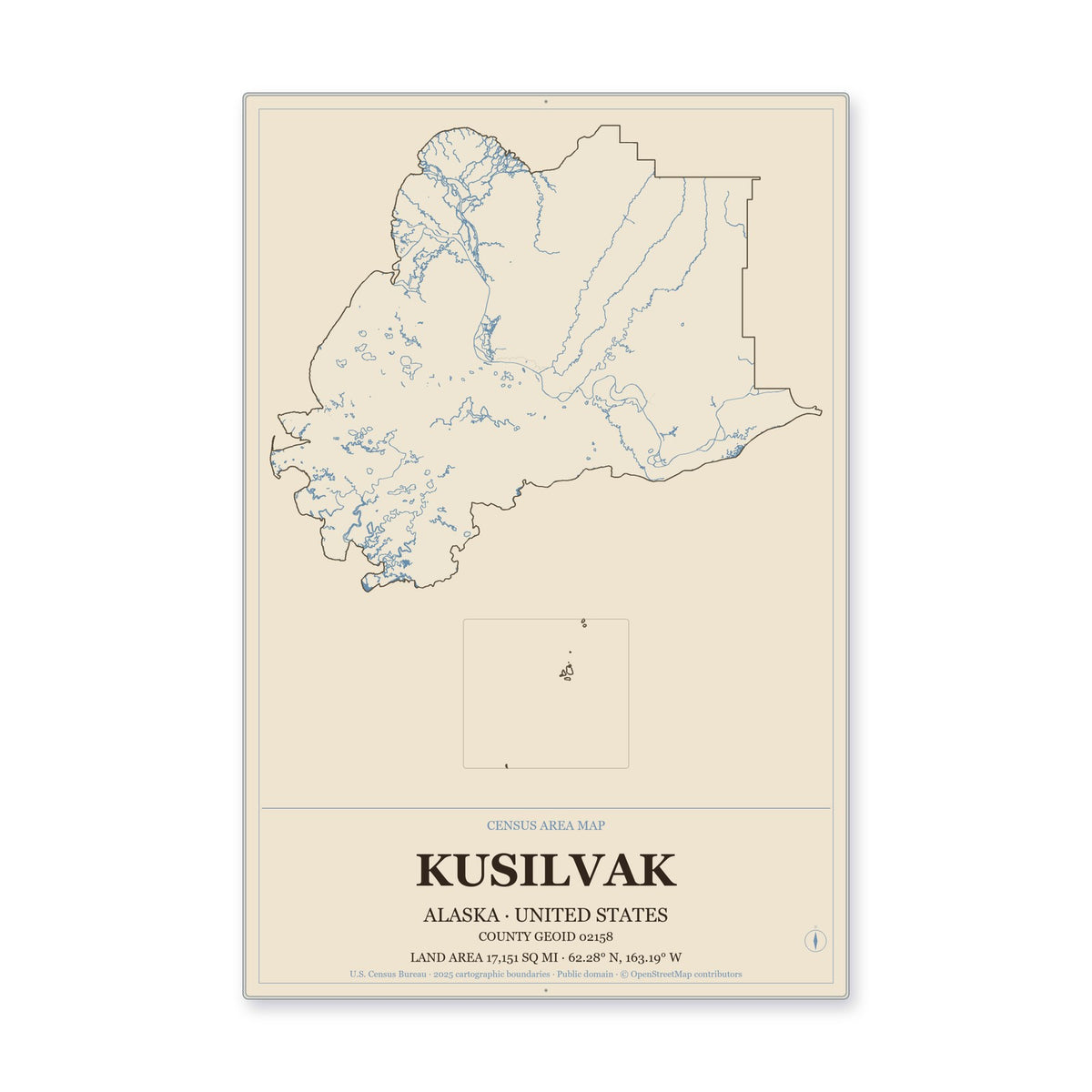 Kusilvak Census Area, Alaska Map Aluminum Sign in Heritage Nautical style