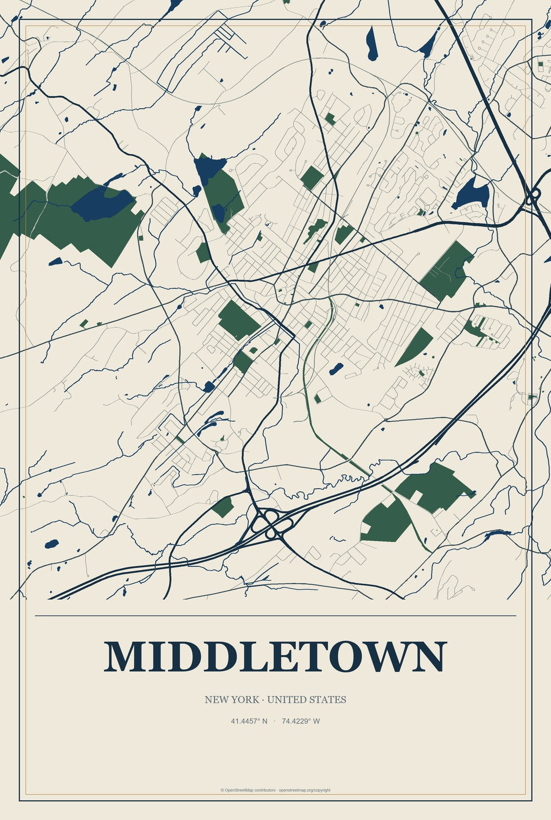 Middletown, New York City Map Aluminum Sign in Coastal Cutout style