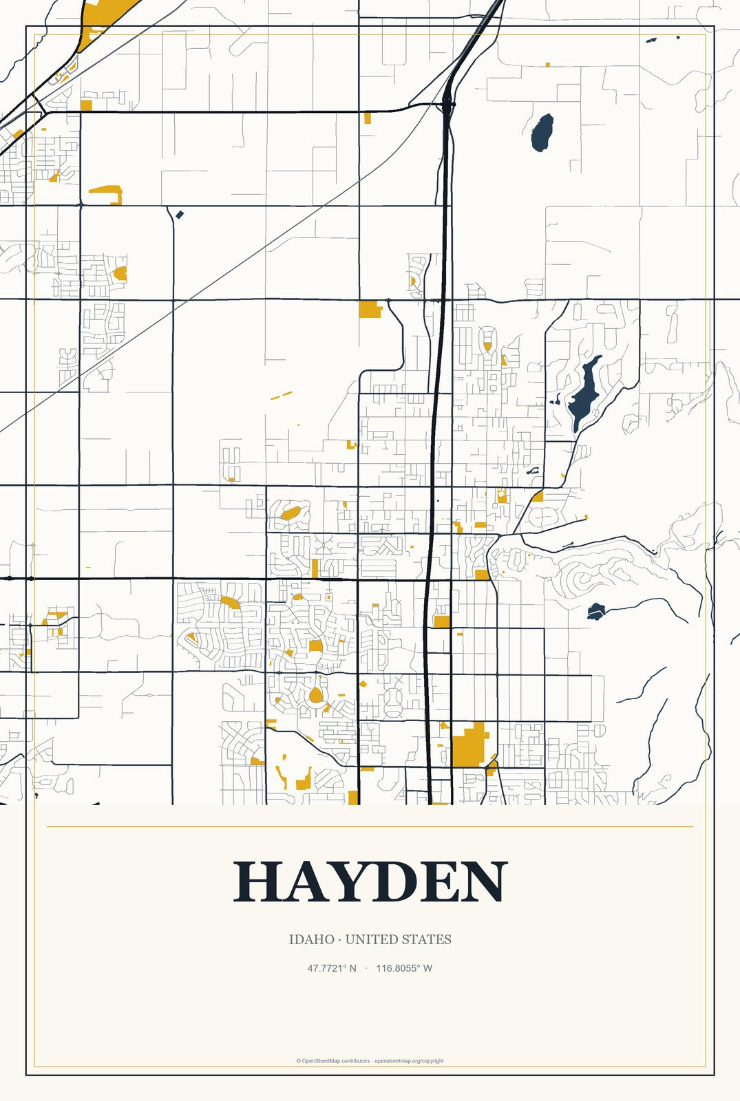 Hayden, Idaho City Map Aluminum Sign in Citrine Modern style