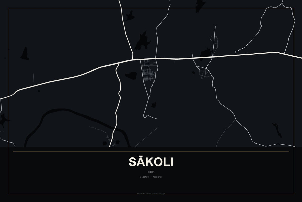 Sākoli, India City Map Aluminum Sign in Metropolitan Noir style