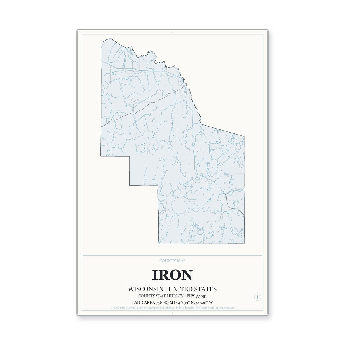 Iron County, Wisconsin Map Aluminum Sign in Gallery Air style