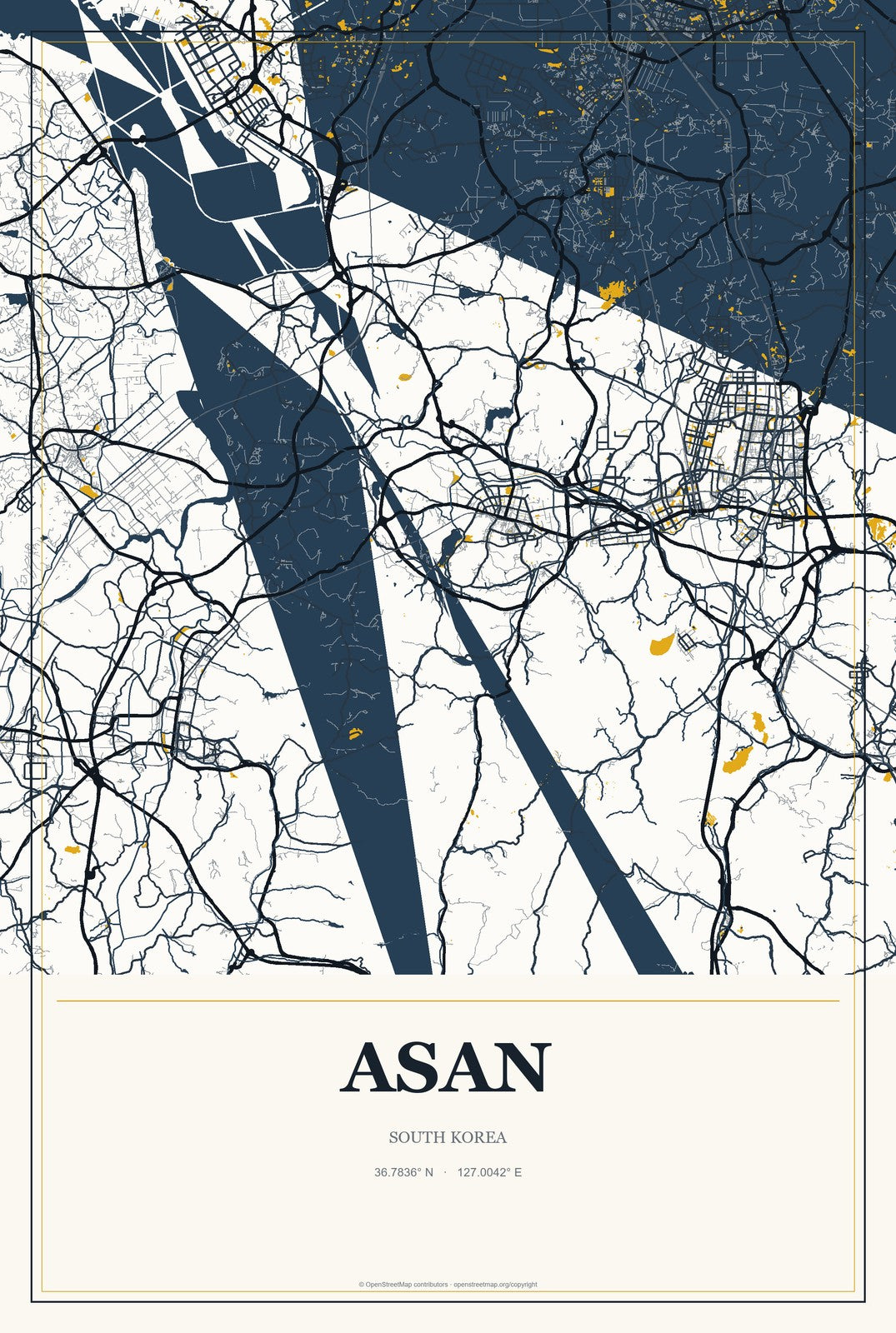 Asan, South Korea City Map Aluminum Sign in Citrine Modern style