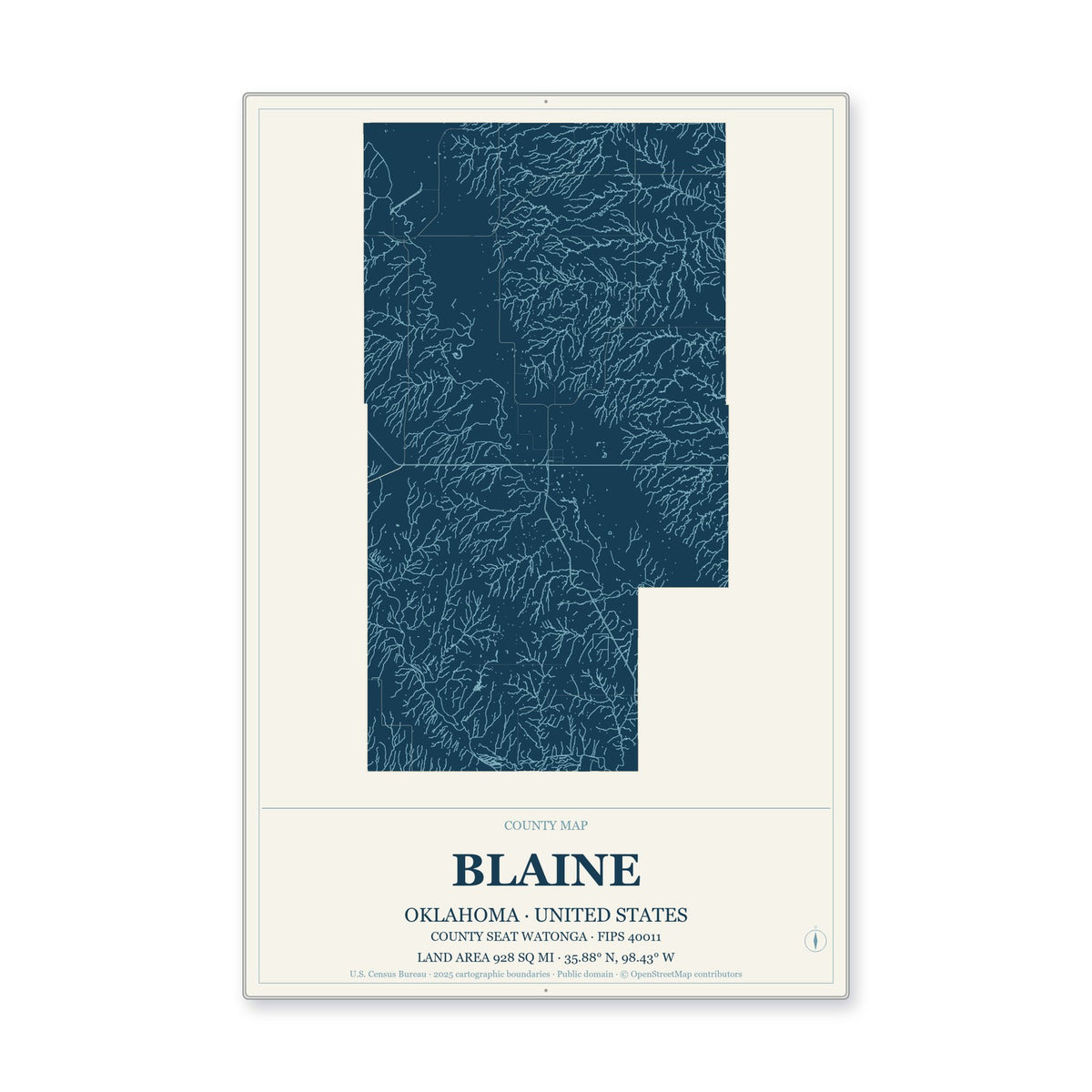Blaine County, Oklahoma Map Aluminum Sign in Coastal Cutout style
