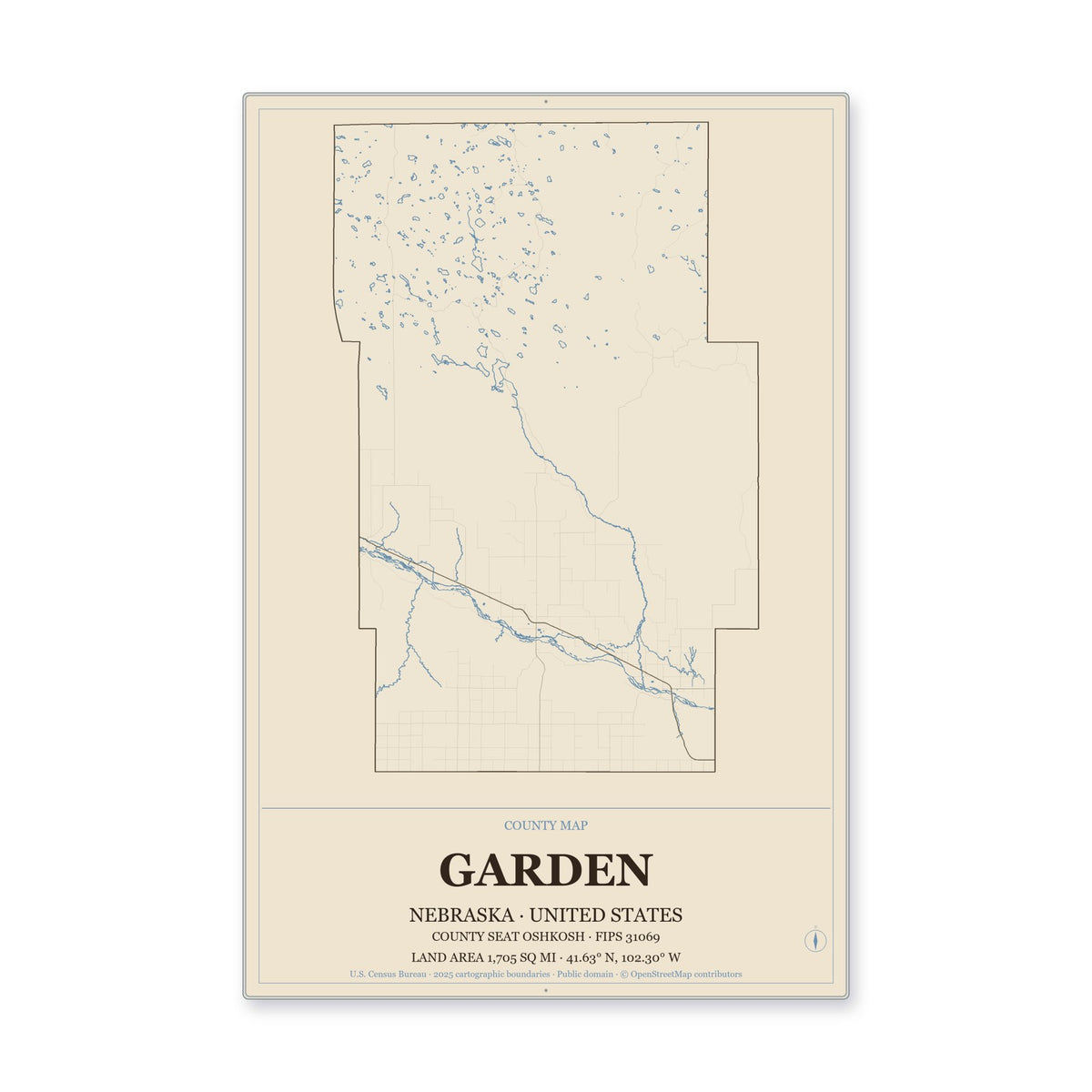 Garden County, Nebraska Map Aluminum Sign in Heritage Nautical style