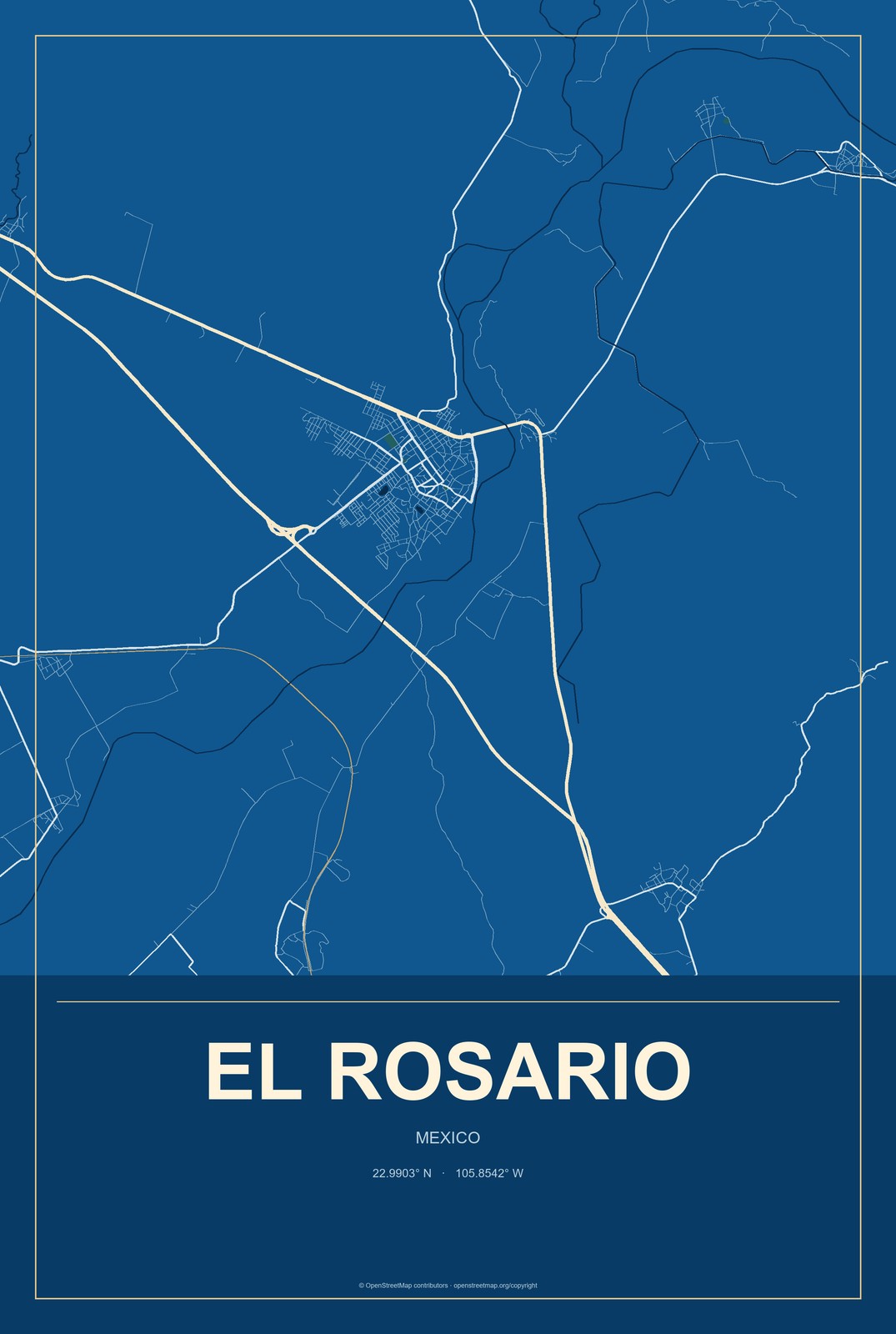 El Rosario, Oaxaca, Mexico City Map Aluminum Sign in Harbor Cobalt style