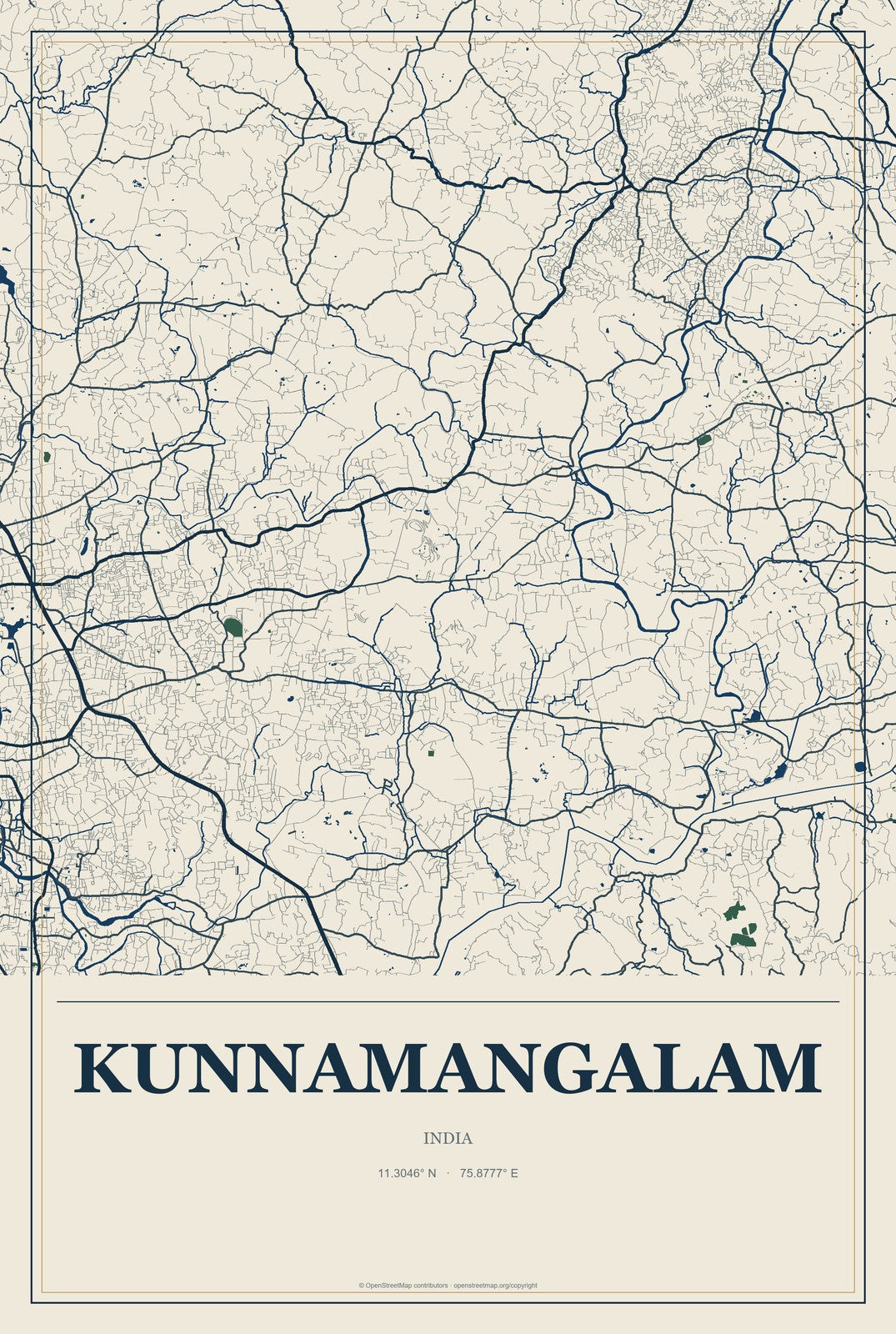 Kunnamangalam, India City Map Aluminum Sign in Coastal Cutout style