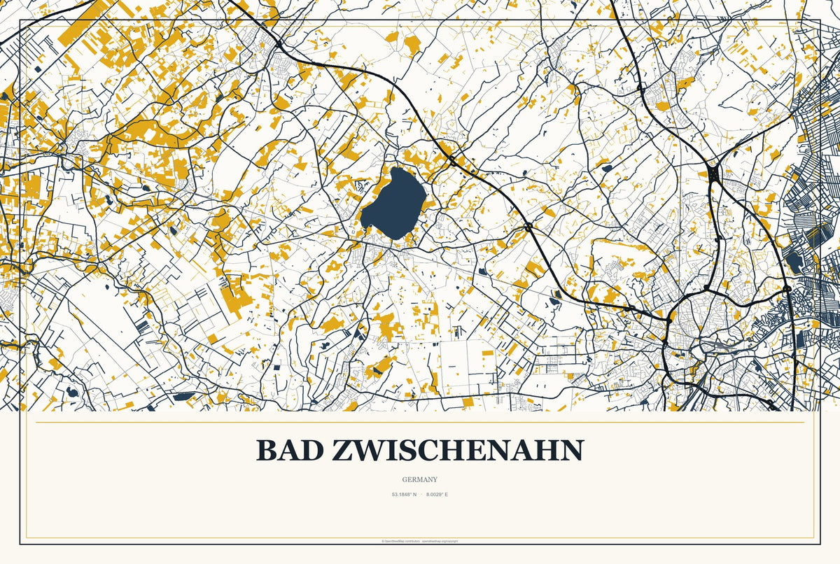Bad Zwischenahn, Germany City Map Aluminum Sign in Citrine Modern style