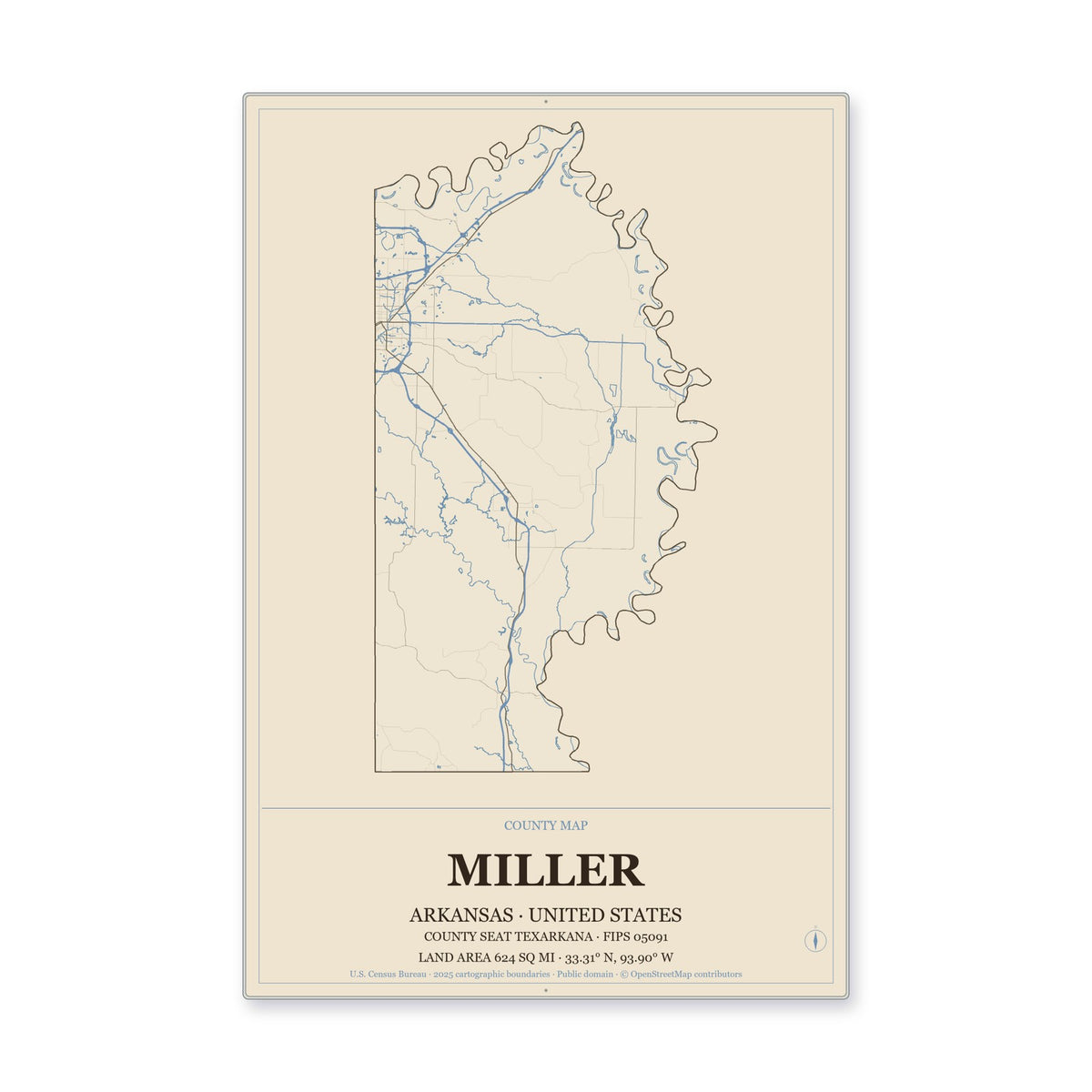 Miller County, Arkansas Map Aluminum Sign in Heritage Nautical style