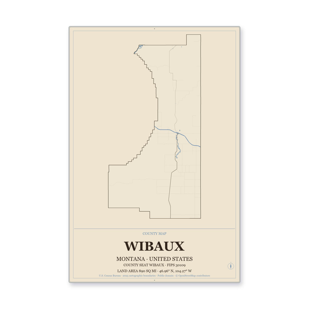 Wibaux County, Montana Map Aluminum Sign in Heritage Nautical style