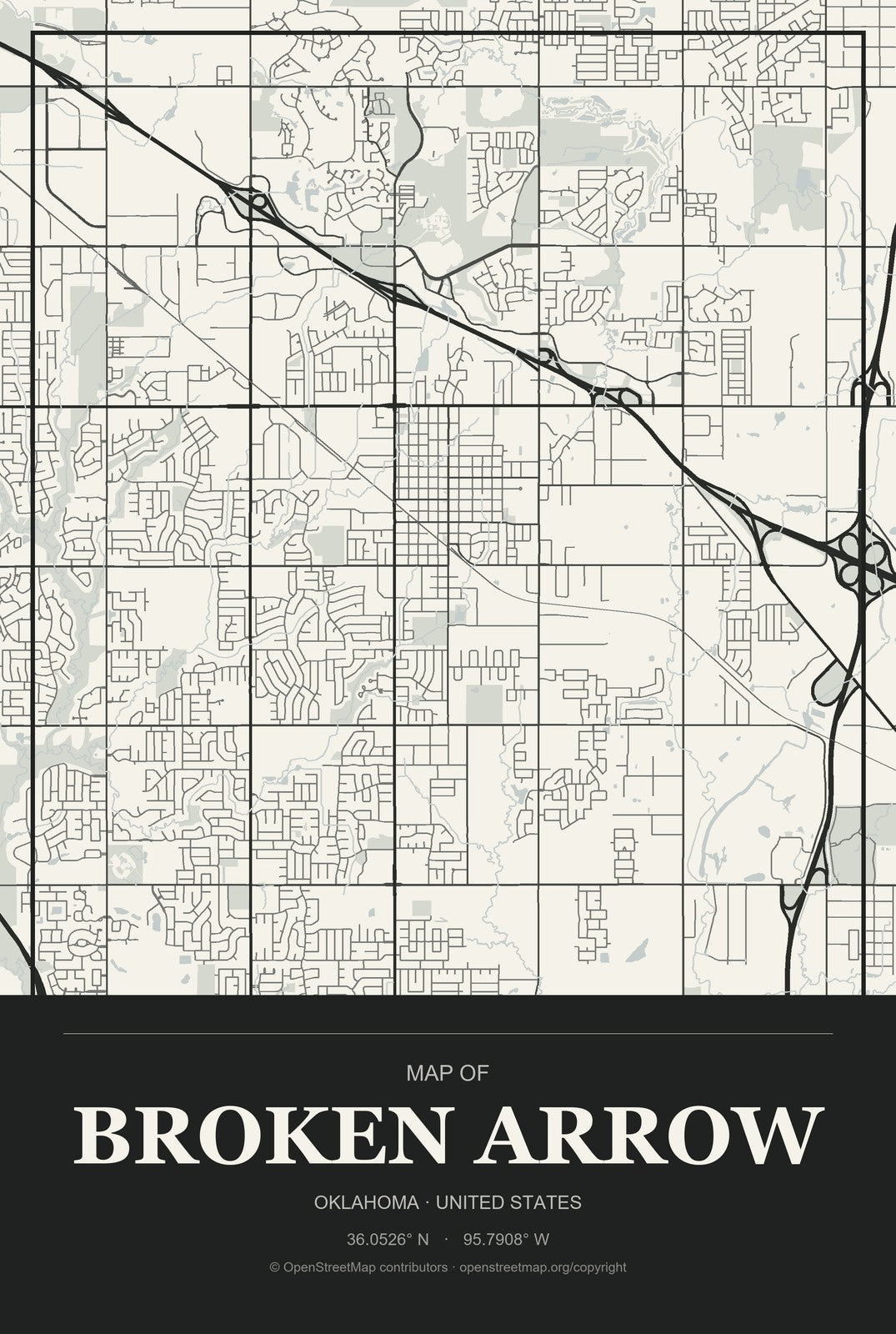 Broken Arrow, Oklahoma City Map Aluminum Sign in Museum Plaque style