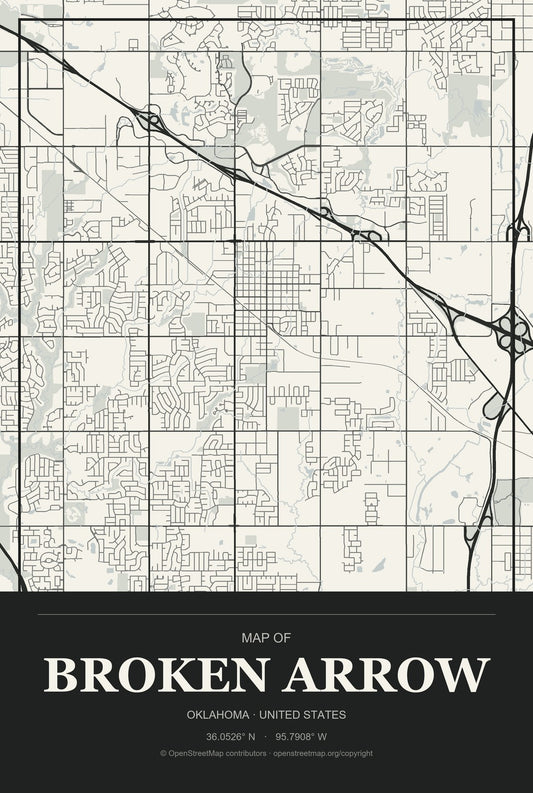 Broken Arrow, Oklahoma City Map Aluminum Sign in Museum Plaque style