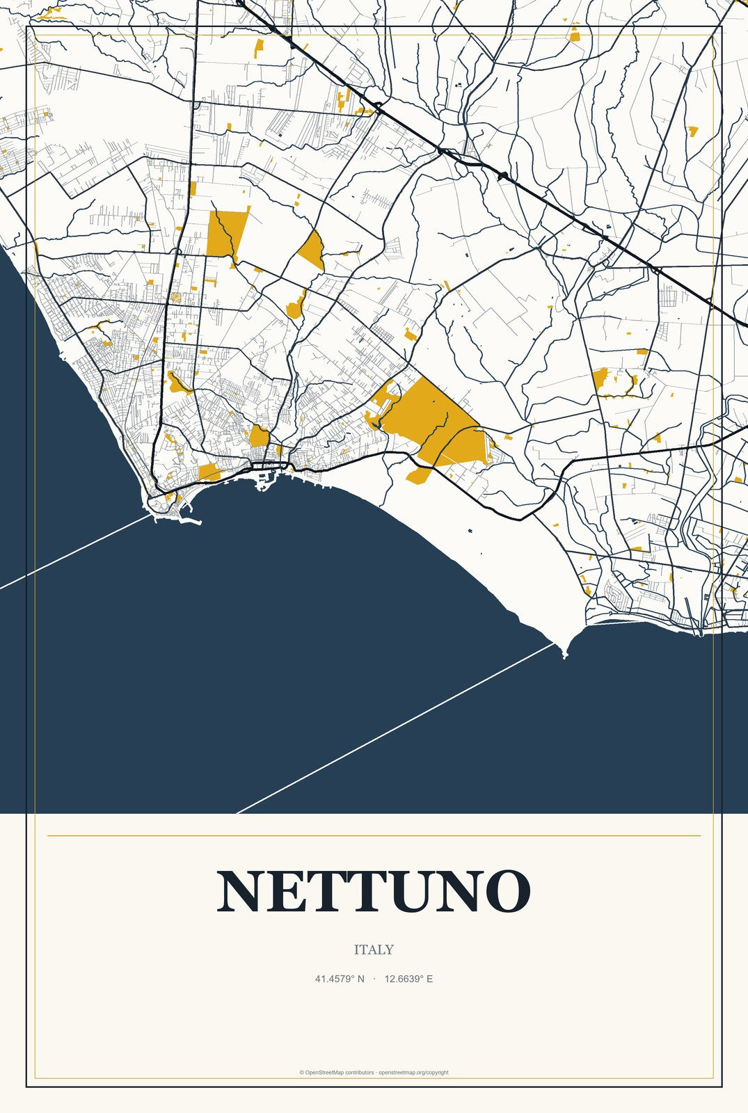 Nettuno, Italy City Map Aluminum Sign in Citrine Modern style