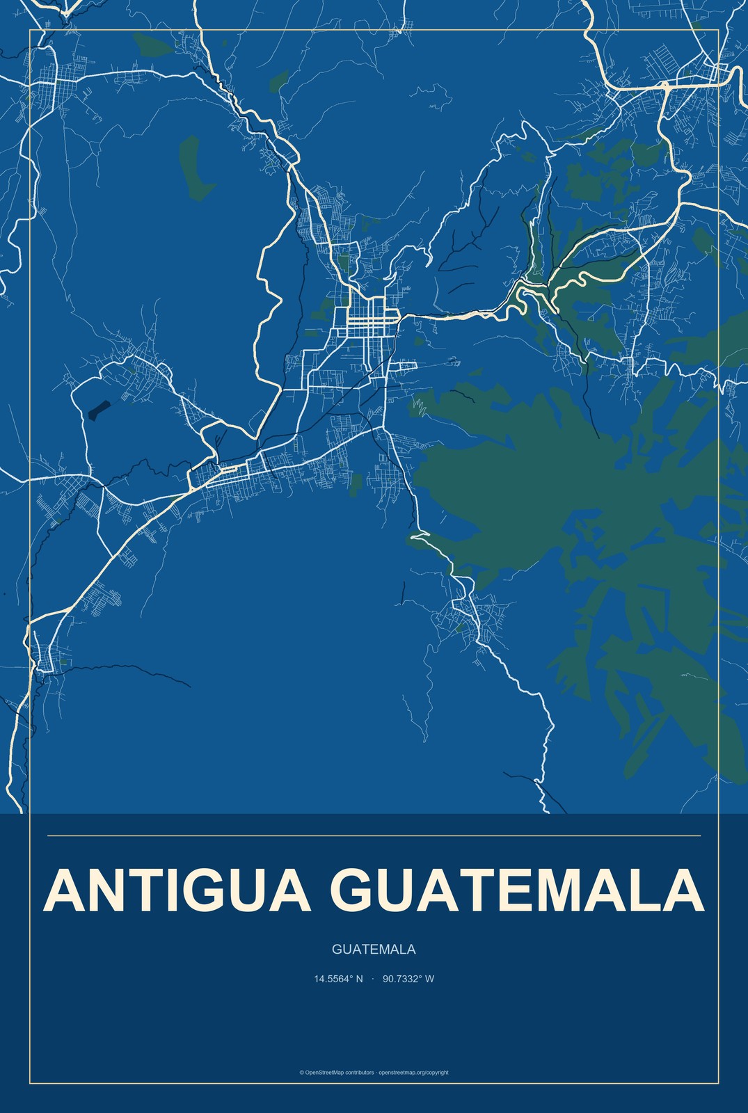 Antigua Guatemala, Guatemala City Map Aluminum Sign in Harbor Cobalt style