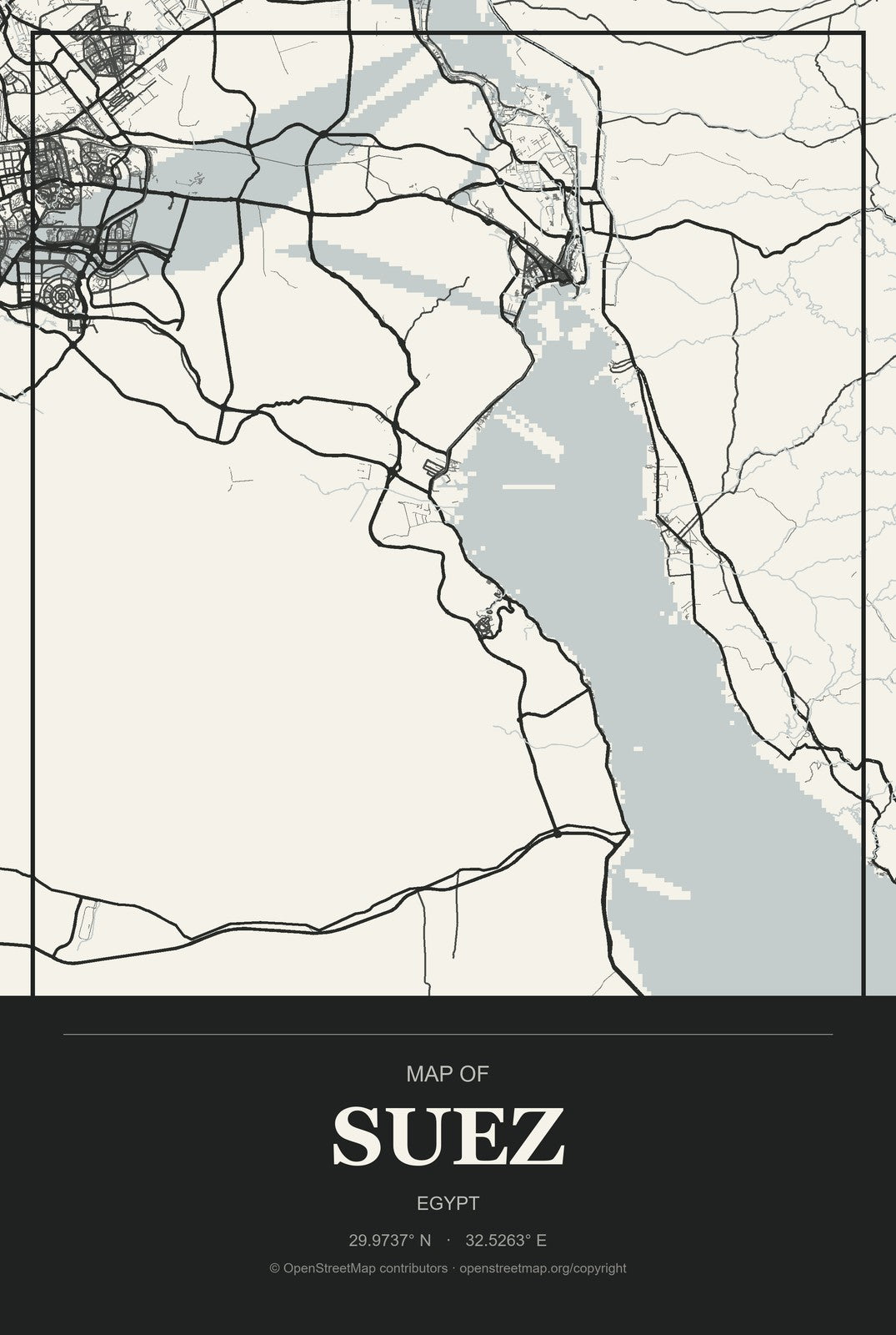 Suez, Egypt City Map Aluminum Sign in Museum Plaque style