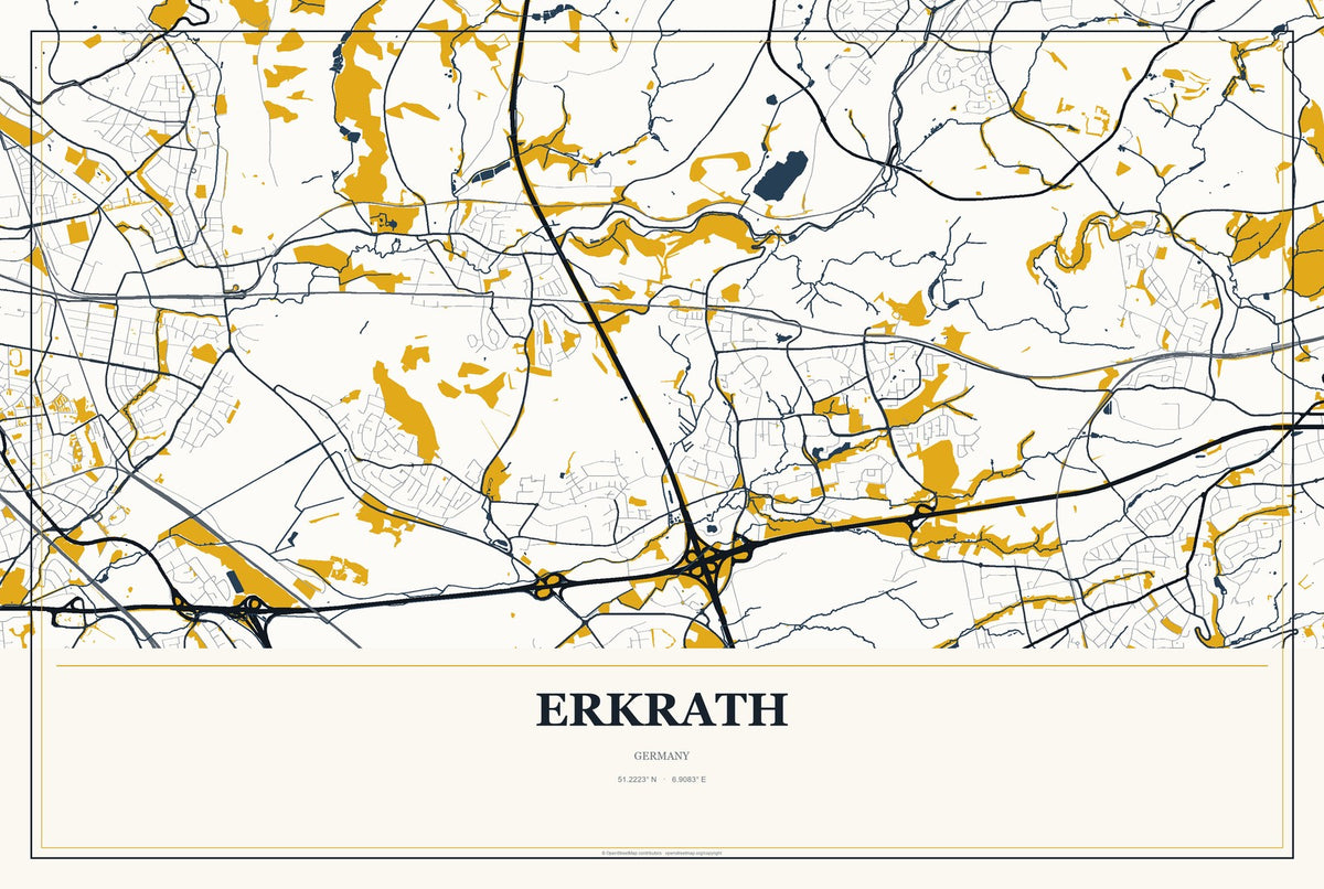 Erkrath, Germany City Map Aluminum Sign in Citrine Modern style