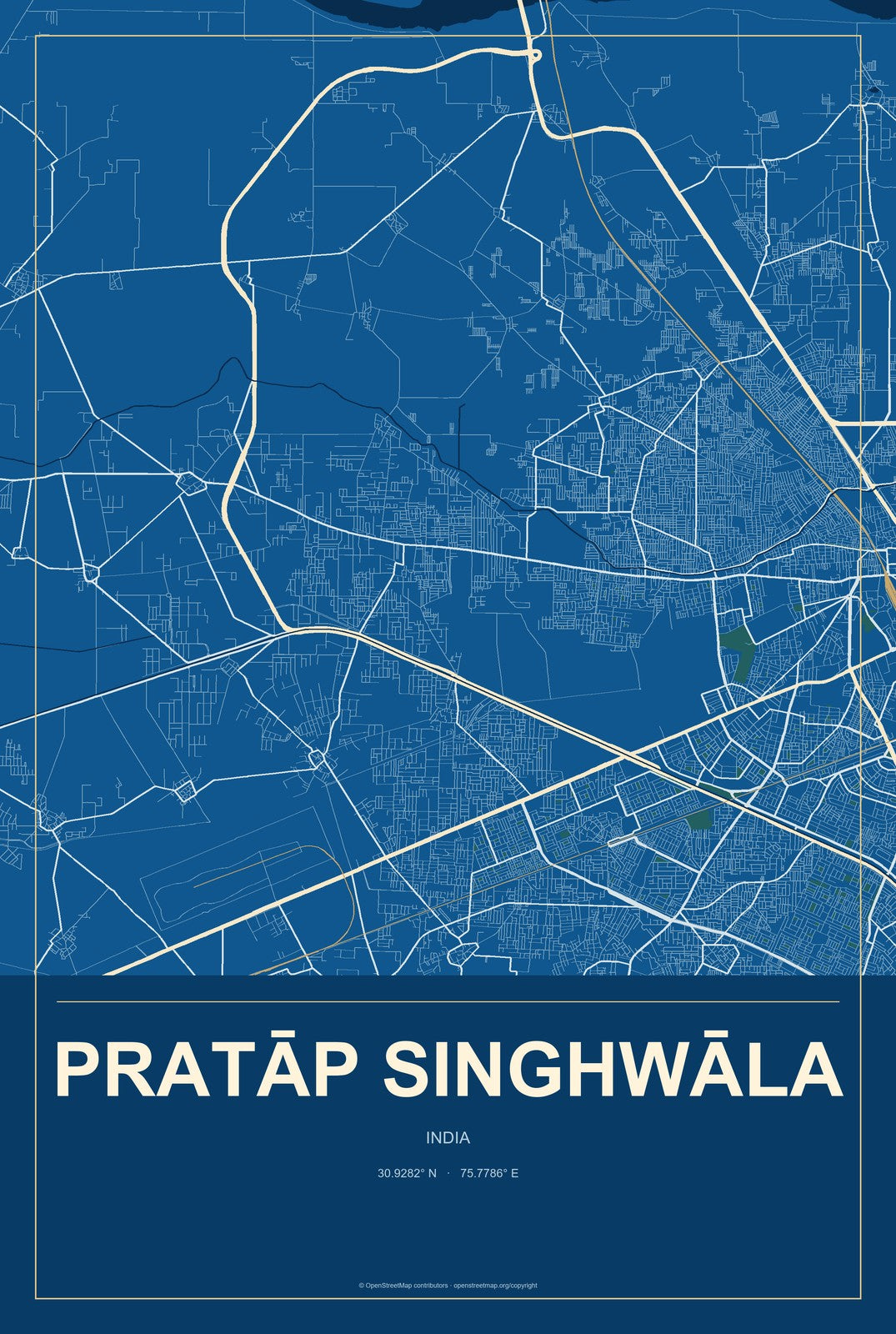 Pratāp Singhwāla, India City Map Aluminum Sign in Harbor Cobalt style