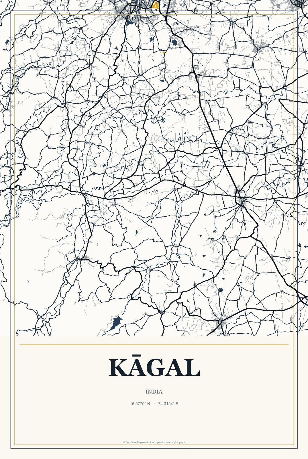 Kāgal, India City Map Aluminum Sign in Citrine Modern style