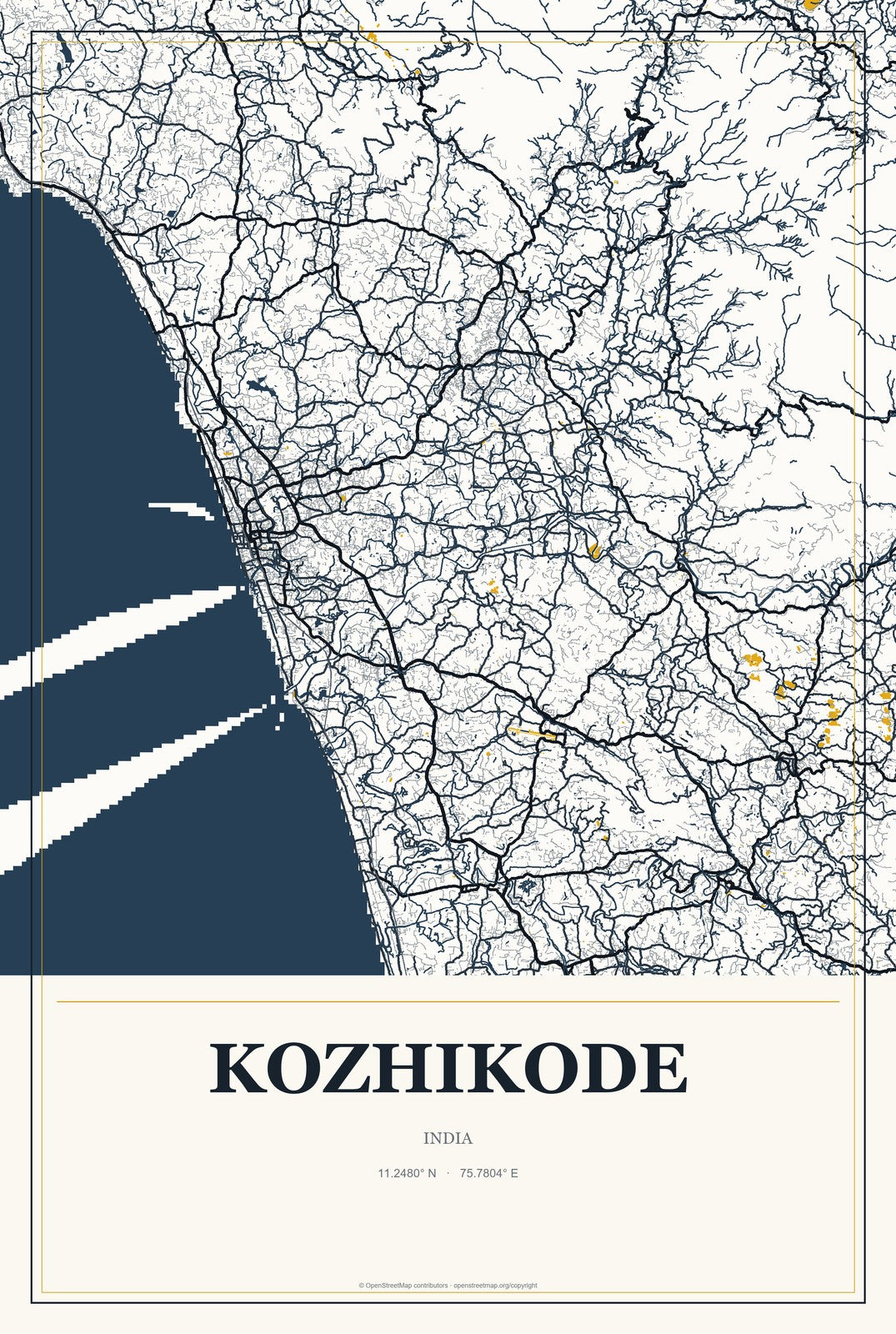 Kozhikode, India City Map Aluminum Sign in Citrine Modern style