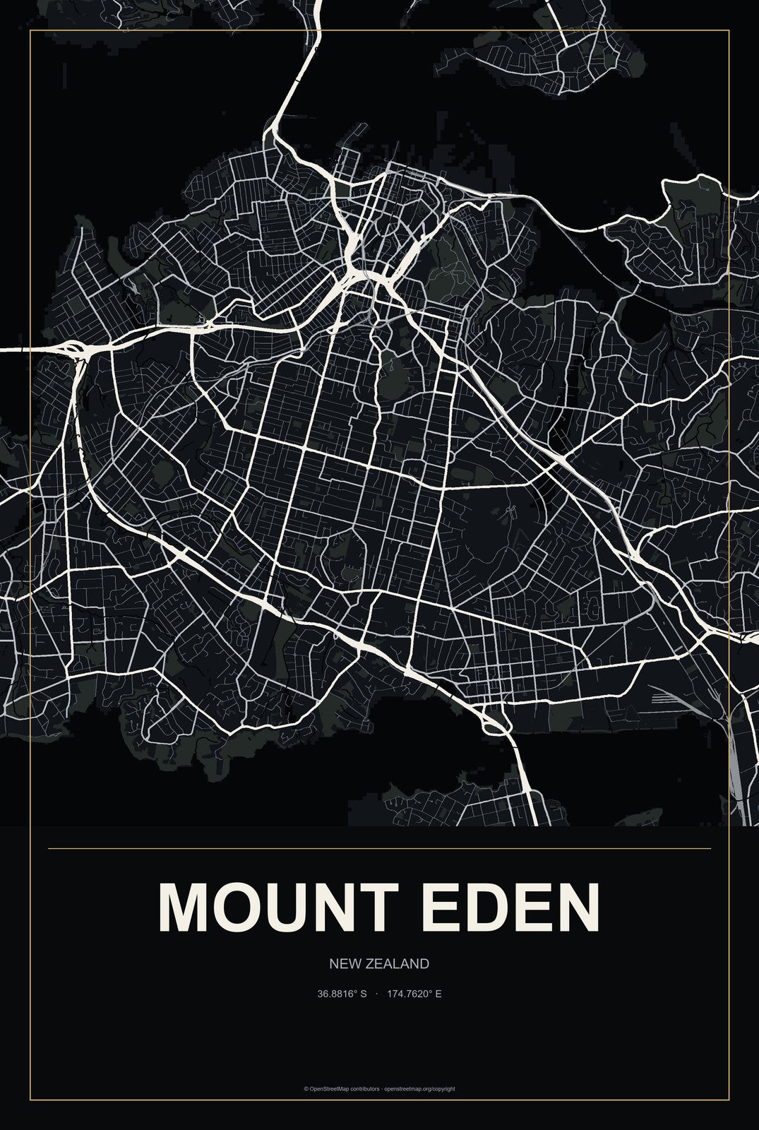 Mount Eden, New Zealand City Map Aluminum Sign in Metropolitan Noir style