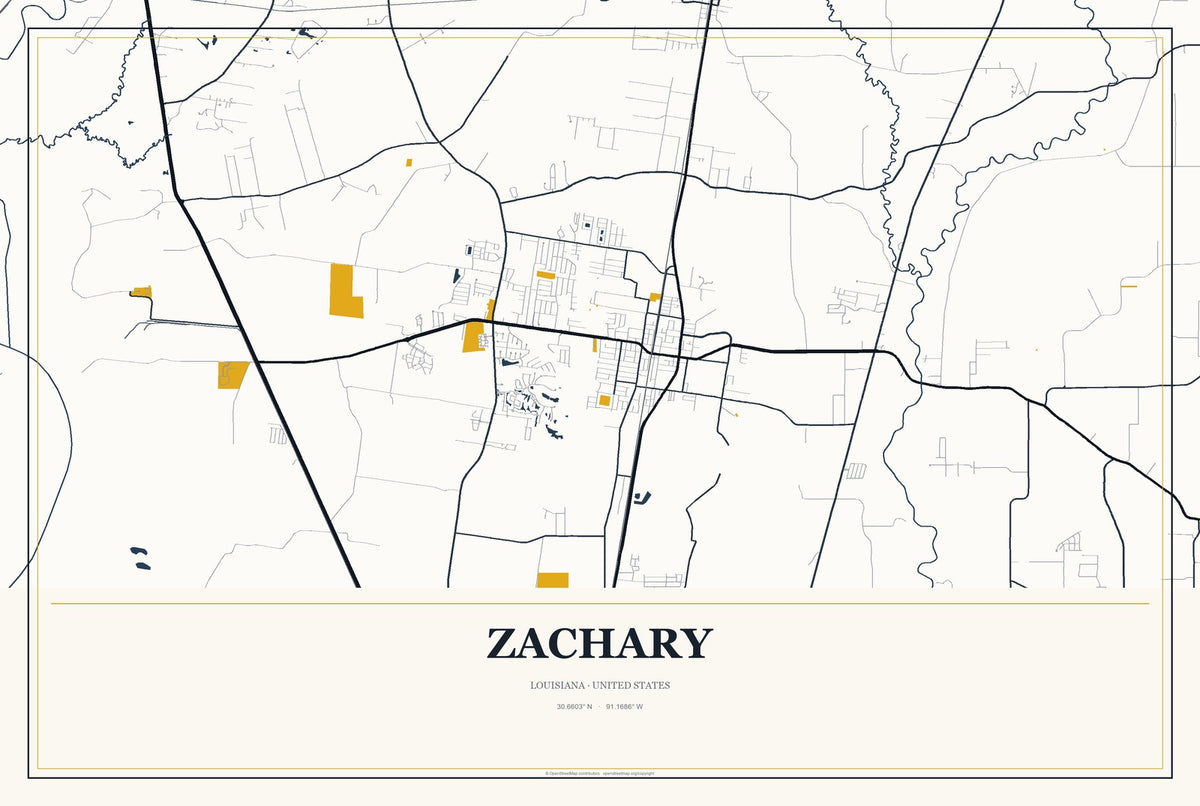Zachary, Louisiana City Map Aluminum Sign in Citrine Modern style