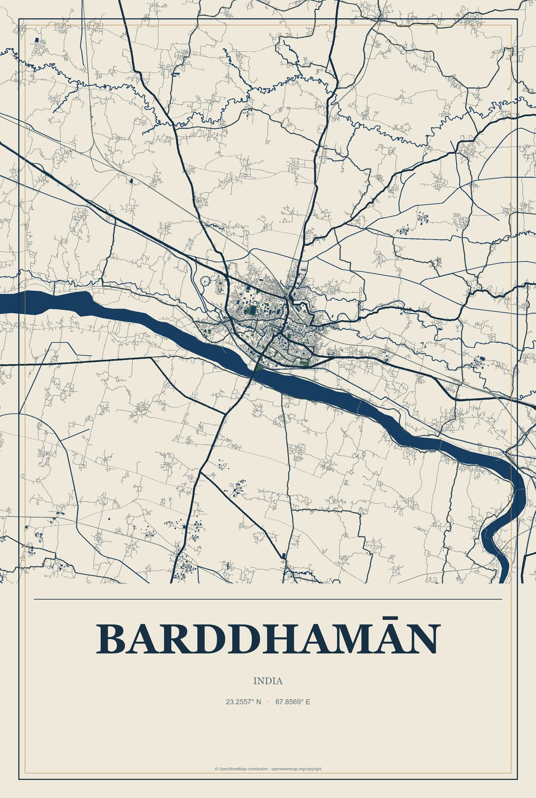 Barddhamān, India City Map Aluminum Sign in Coastal Cutout style