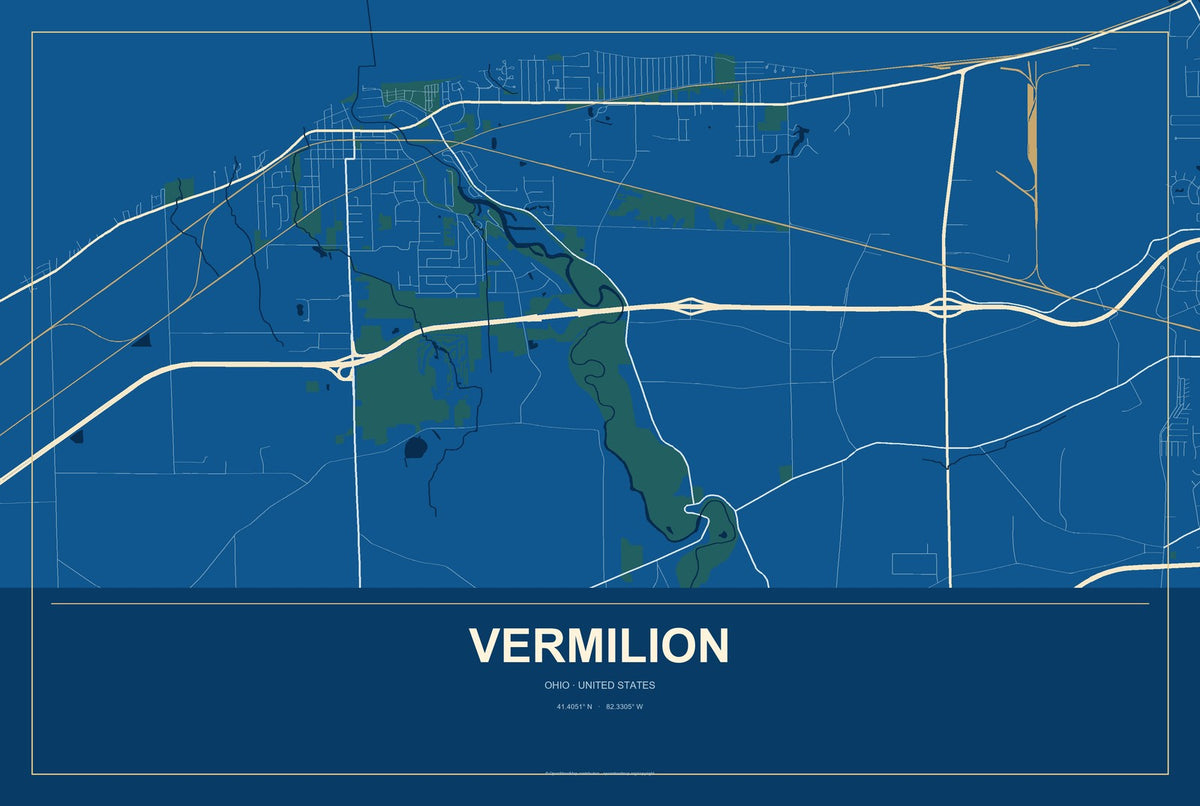 Vermilion, Ohio City Map Aluminum Sign in Harbor Cobalt style