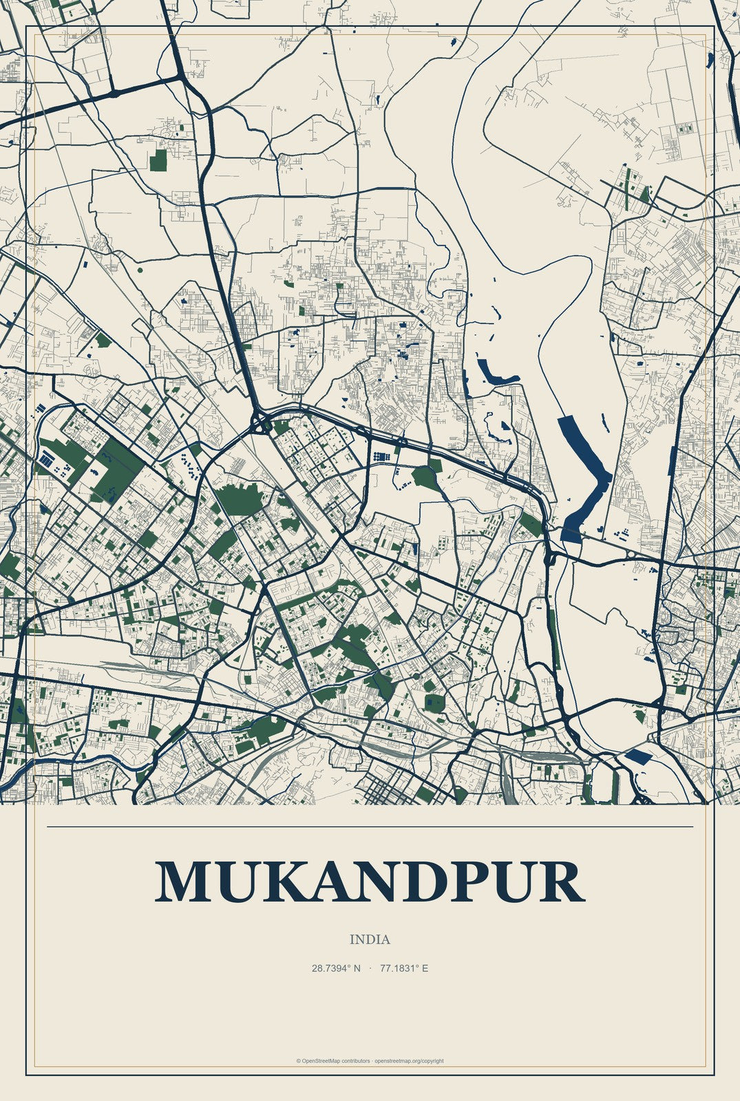 Mukandpur, India City Map Aluminum Sign in Coastal Cutout style