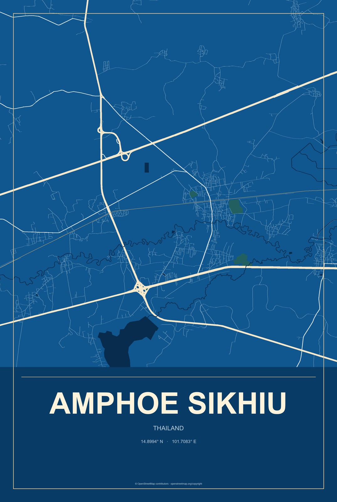 Amphoe Sikhiu, Thailand City Map Aluminum Sign in Harbor Cobalt style