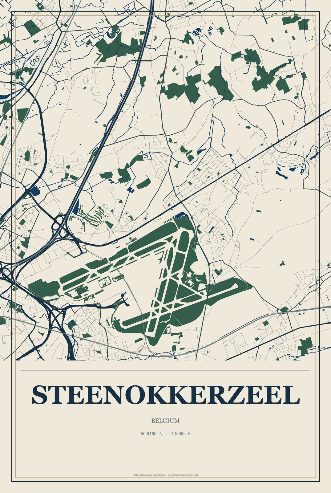 Steenokkerzeel, Belgium City Map Aluminum Sign in Coastal Cutout style