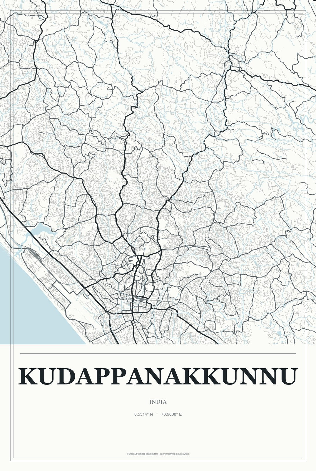 Kudappanakkunnu, India City Map Aluminum Sign in Gallery Air style