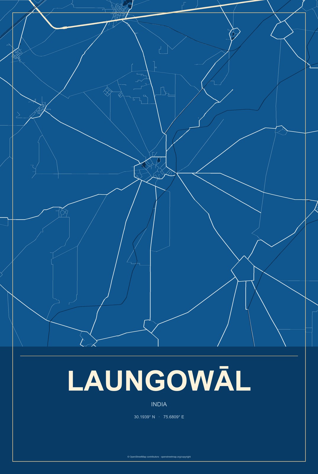 Laungowāl, India City Map Aluminum Sign in Harbor Cobalt style