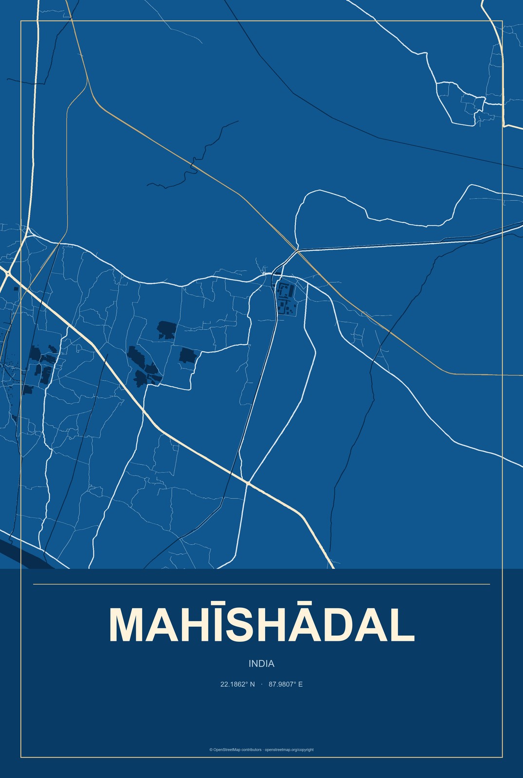 Mahīshādal, India City Map Aluminum Sign in Harbor Cobalt style