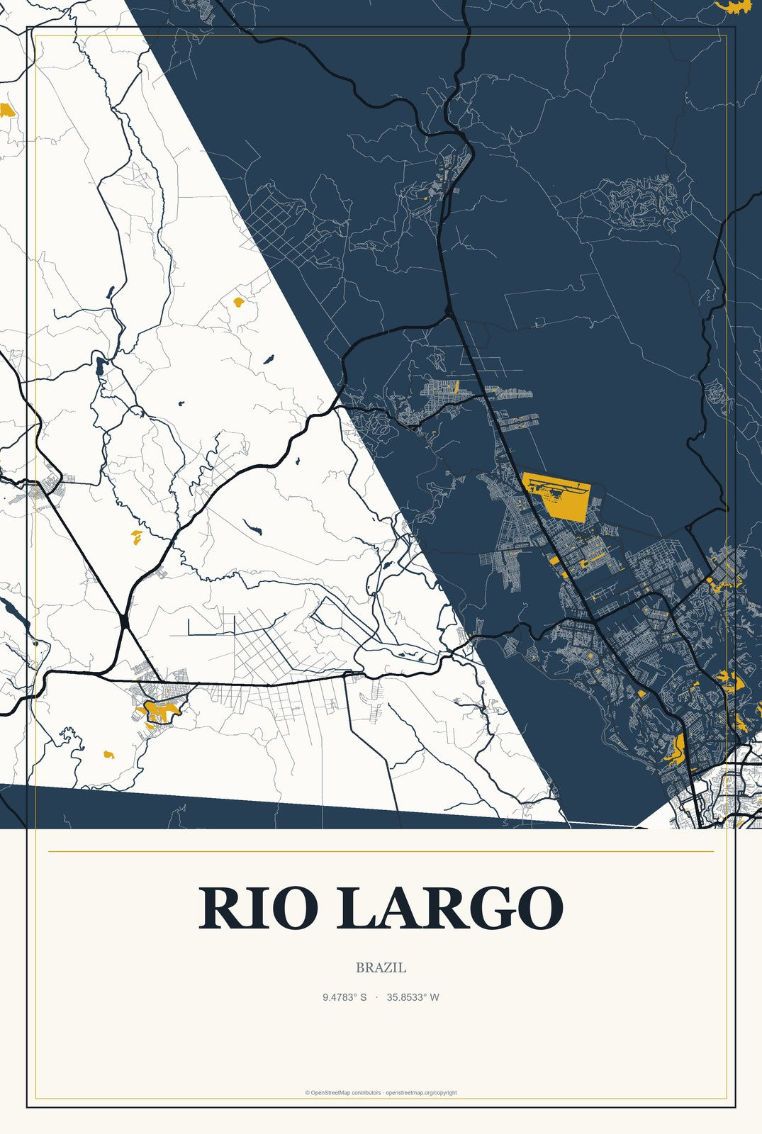 Rio Largo, Brazil City Map Aluminum Sign in Citrine Modern style