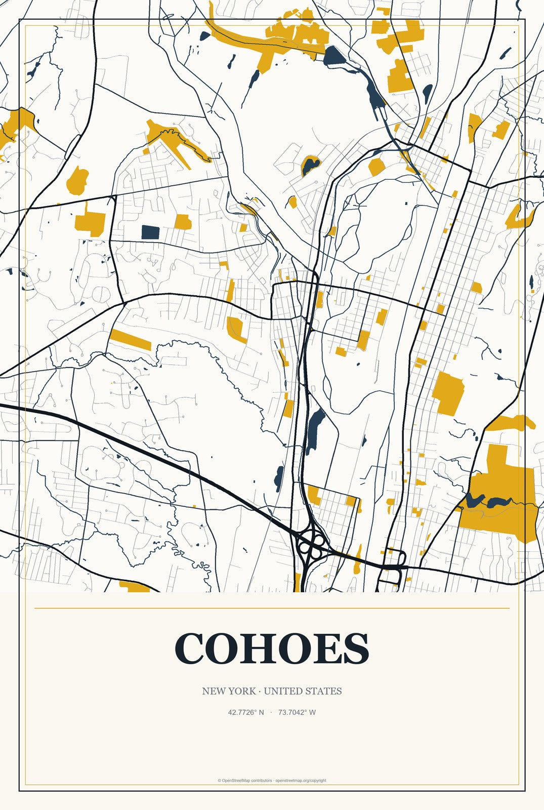 Cohoes, New York City Map Aluminum Sign in Citrine Modern style