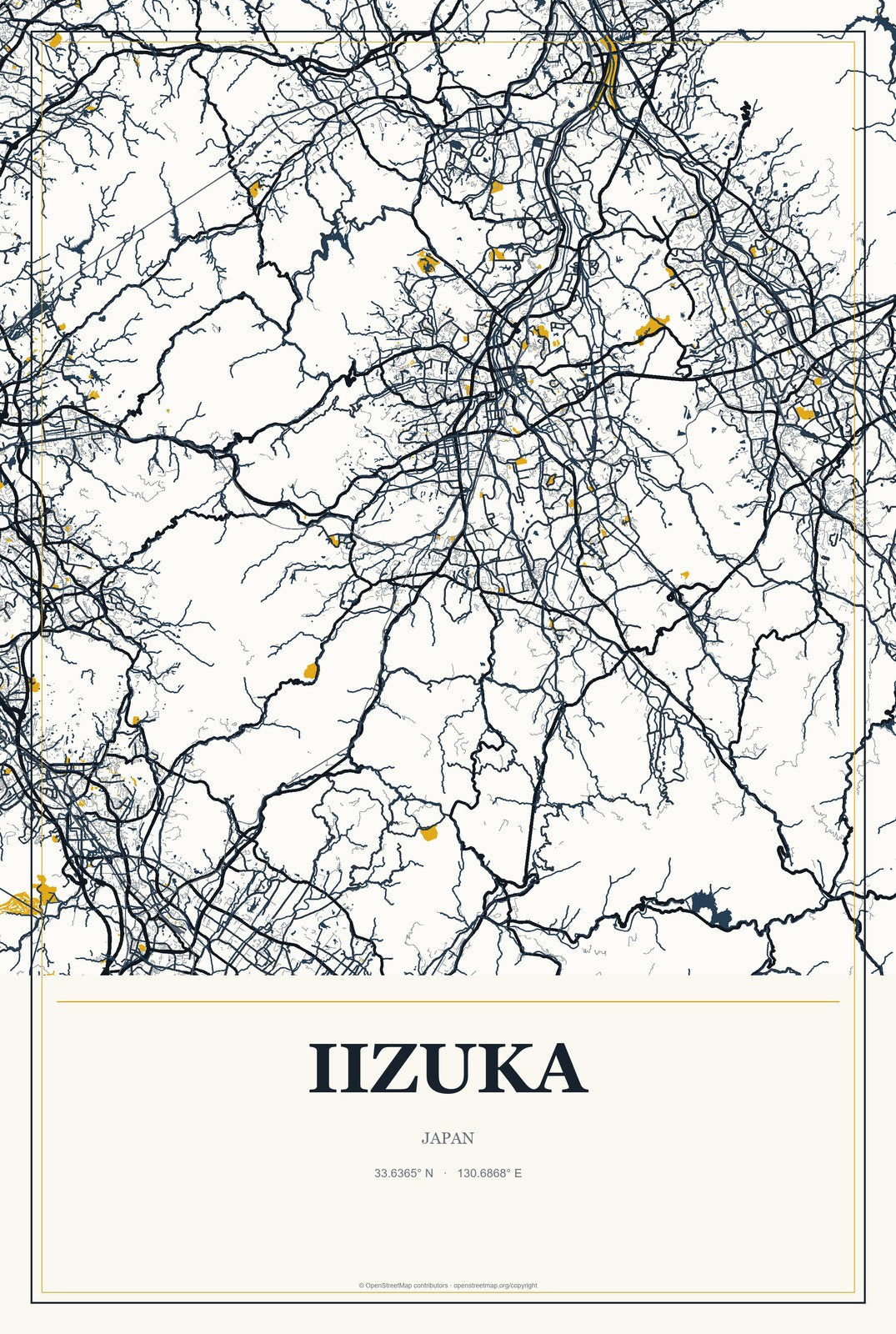 Iizuka, Japan City Map Aluminum Sign in Citrine Modern style