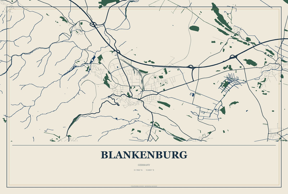 Blankenburg, Germany City Map Aluminum Sign in Coastal Cutout style