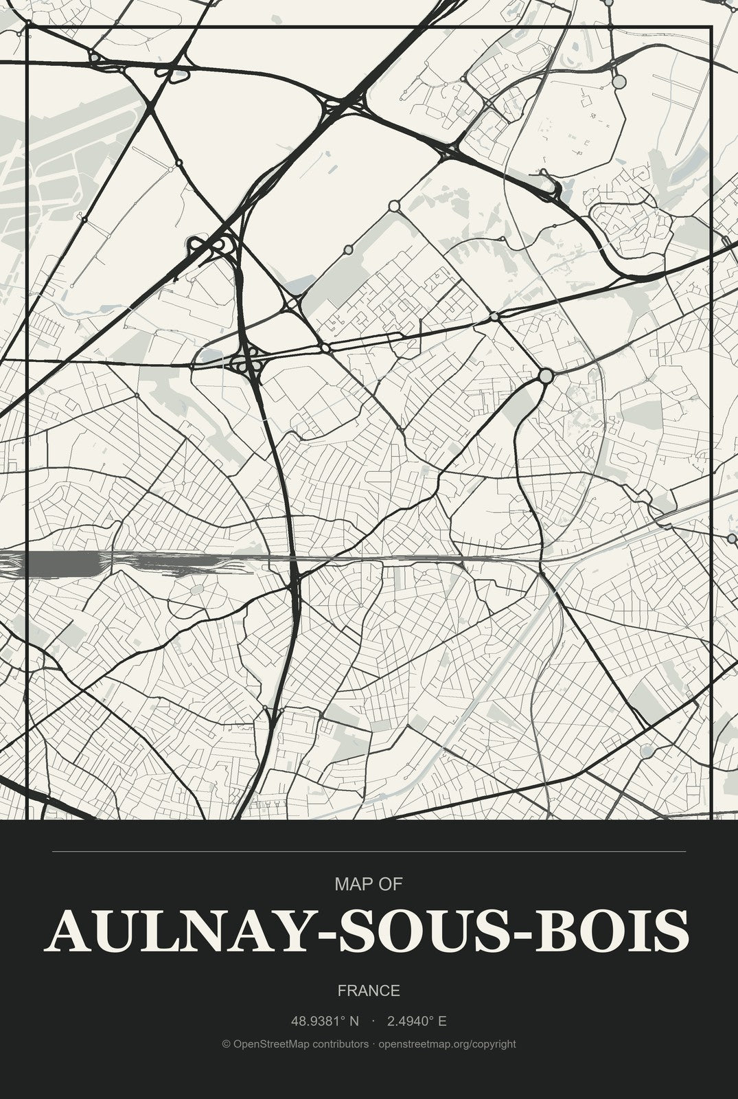 Aulnay-sous-Bois, France City Map Aluminum Sign in Museum Plaque style